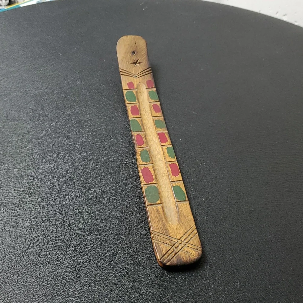 Vintage Native American Wooden Decorative Stick with Red and Green Accents